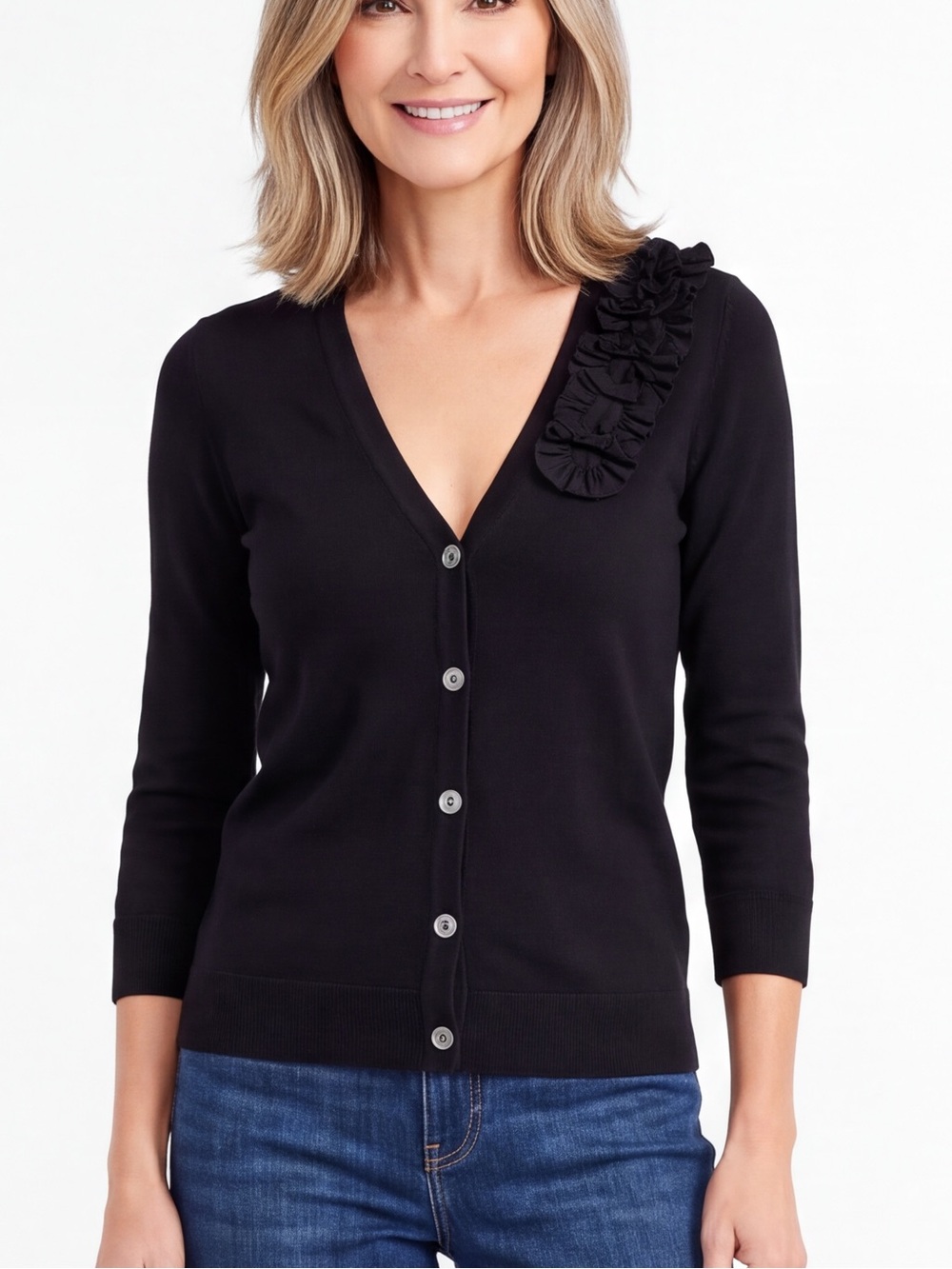 J. Crew Black V-Neck Embellished Ruffle Corsage Cardigan top cotton classic